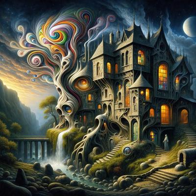 The primary subject of the image is a large, colorful, and intricately designed house with a waterfall in front of it. The house is surrounded by a lush green forest, and there are several windows and doors on the structure. The setting is a nighttime scene with a moon visible in the sky. The visual style of the image is a digital art or illustration, featuring a vibrant color palette and a detailed, surreal design. The overall atmosphere of the image is one of fantasy and wonder, with